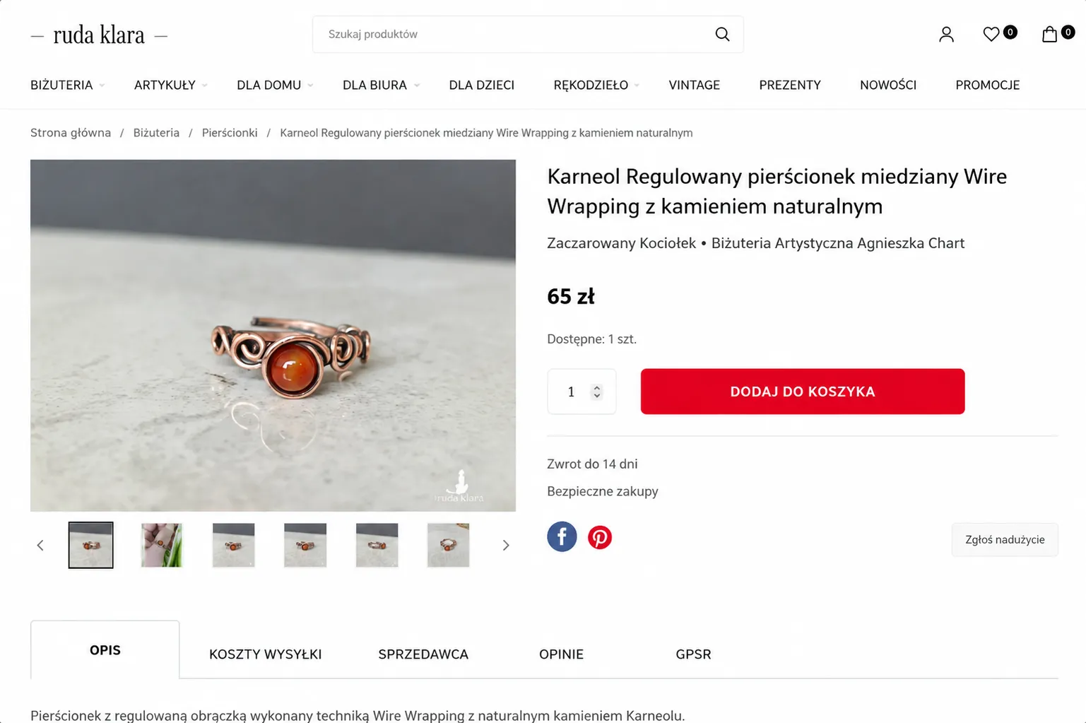 RudaKlara.pl product page featuring an adjustable carnelian ring