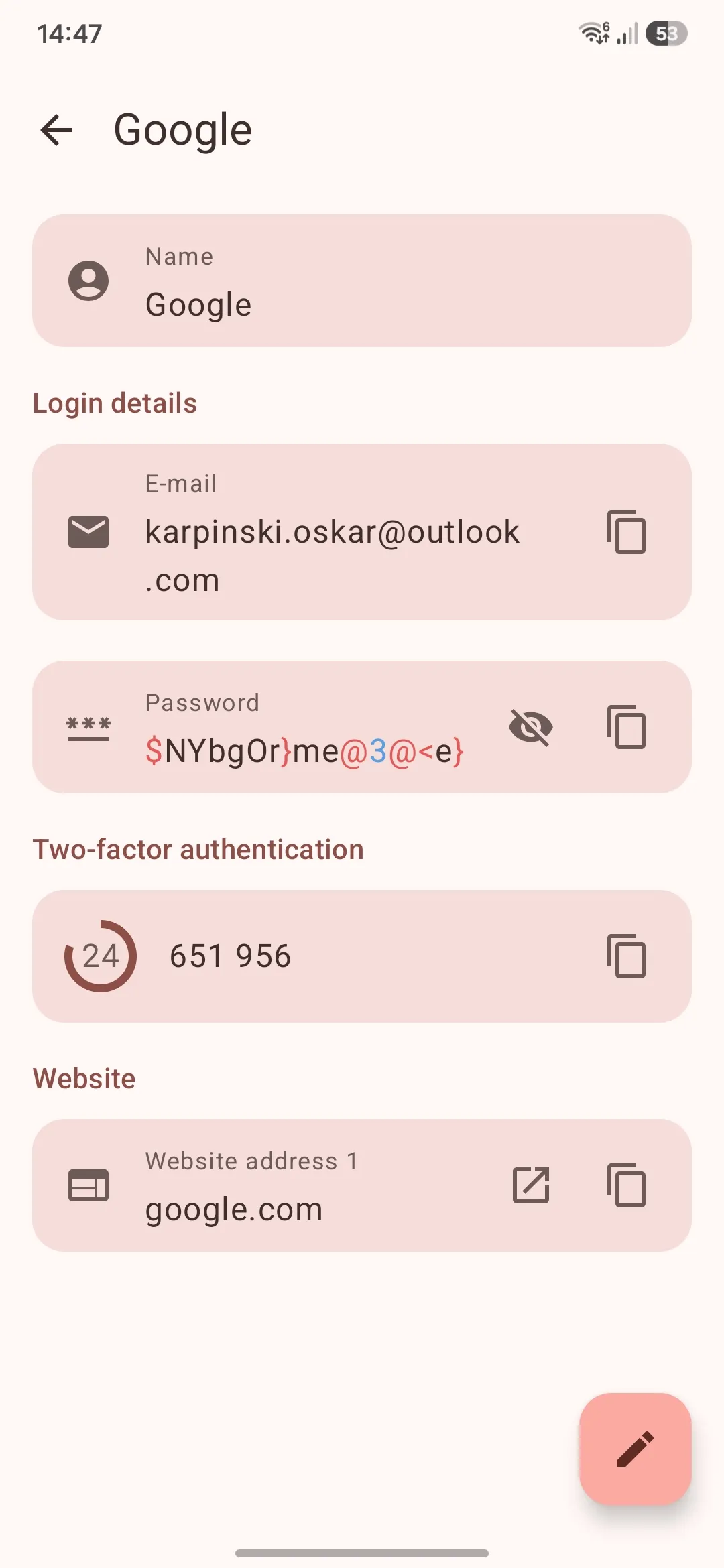LibrePass Android password entry details