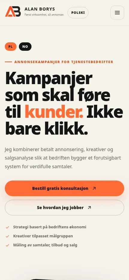 Mobile homepage of alanborys.no showing the Norwegian sales platform
