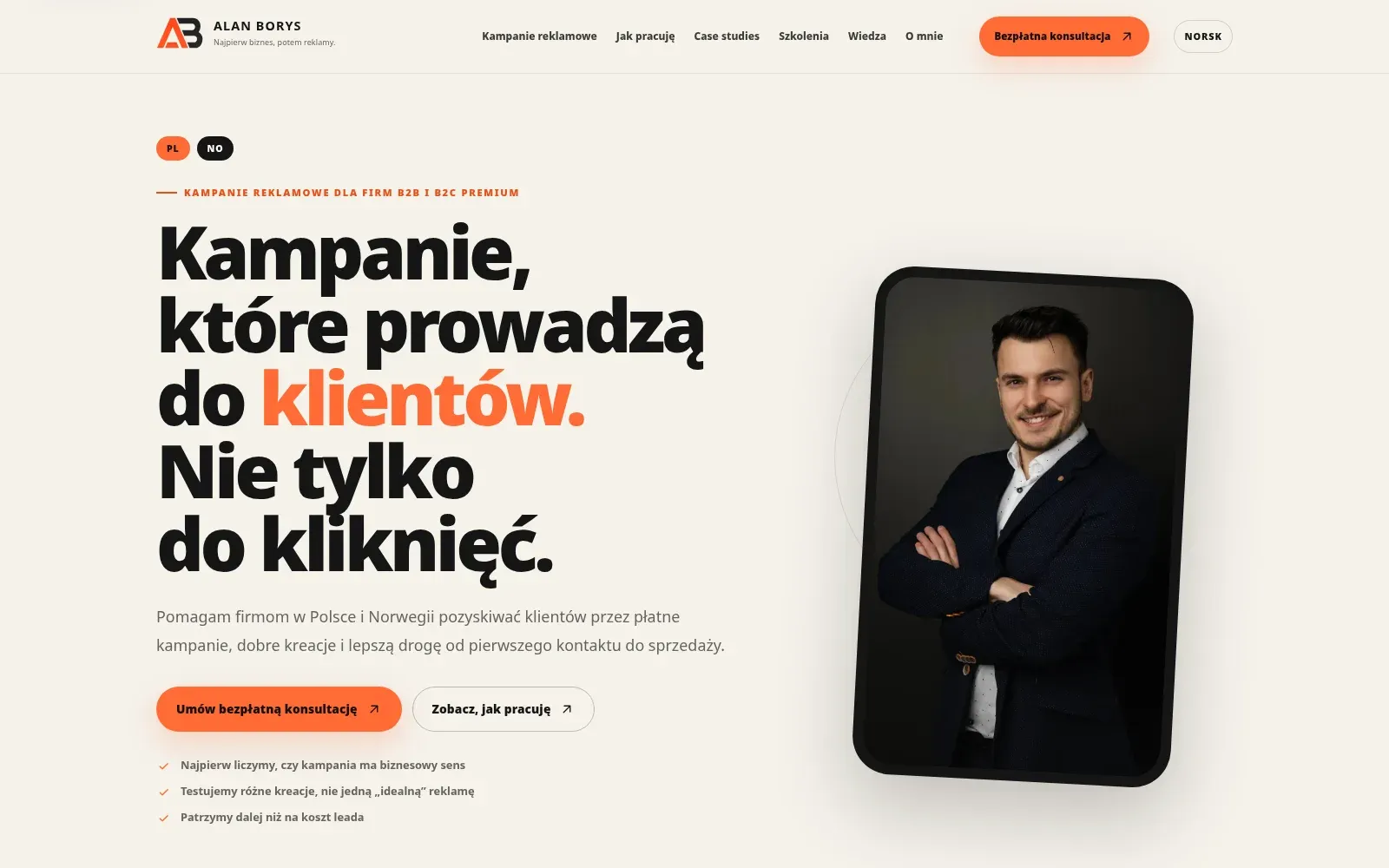 Desktop homepage of alanborys.pl showing the Polish sales platform